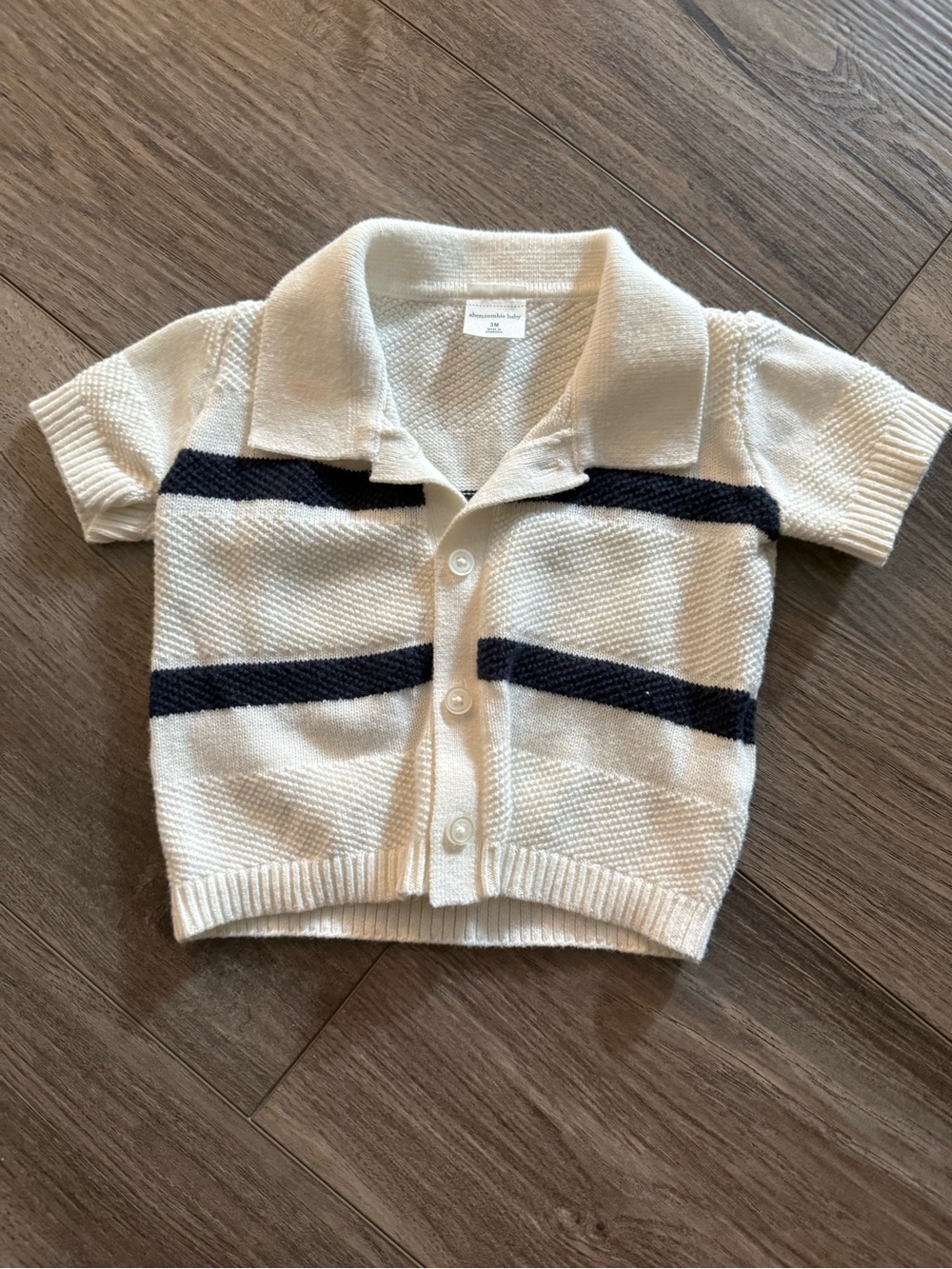 Abercrombie & Fitch Cream Short-Sleeve Knit Polo with Navy Stripes